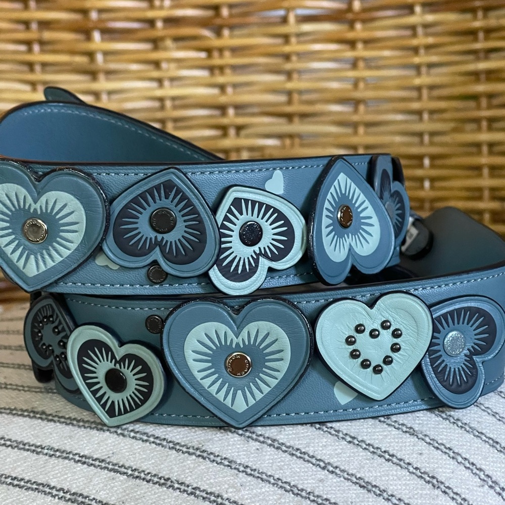 ***SOLD*** Coach Blue Leather heart appliques bagstrap with Gunmetal Hardware